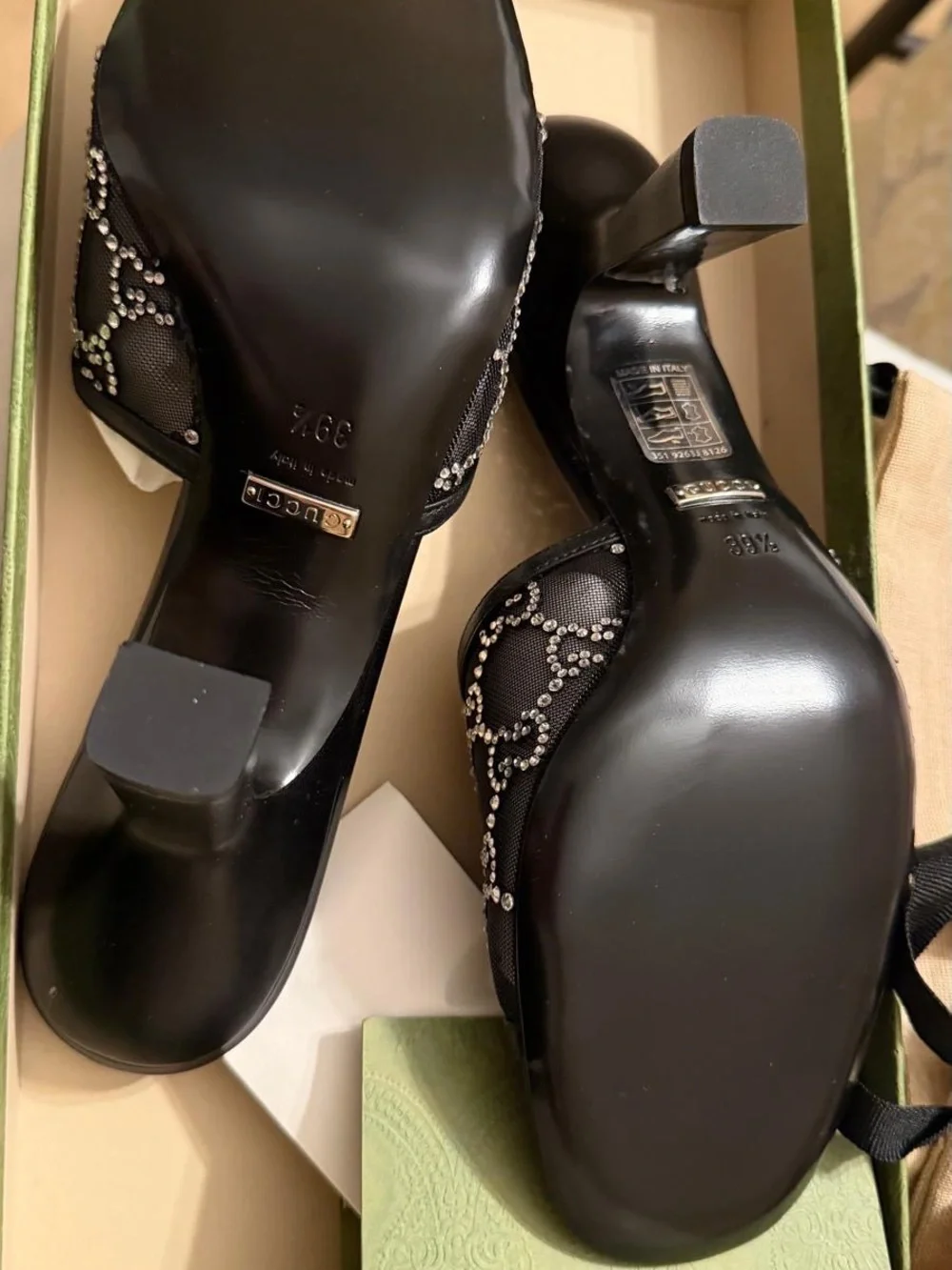 Gucci Black Crystal-Embellished GG Mesh Slide Sandals